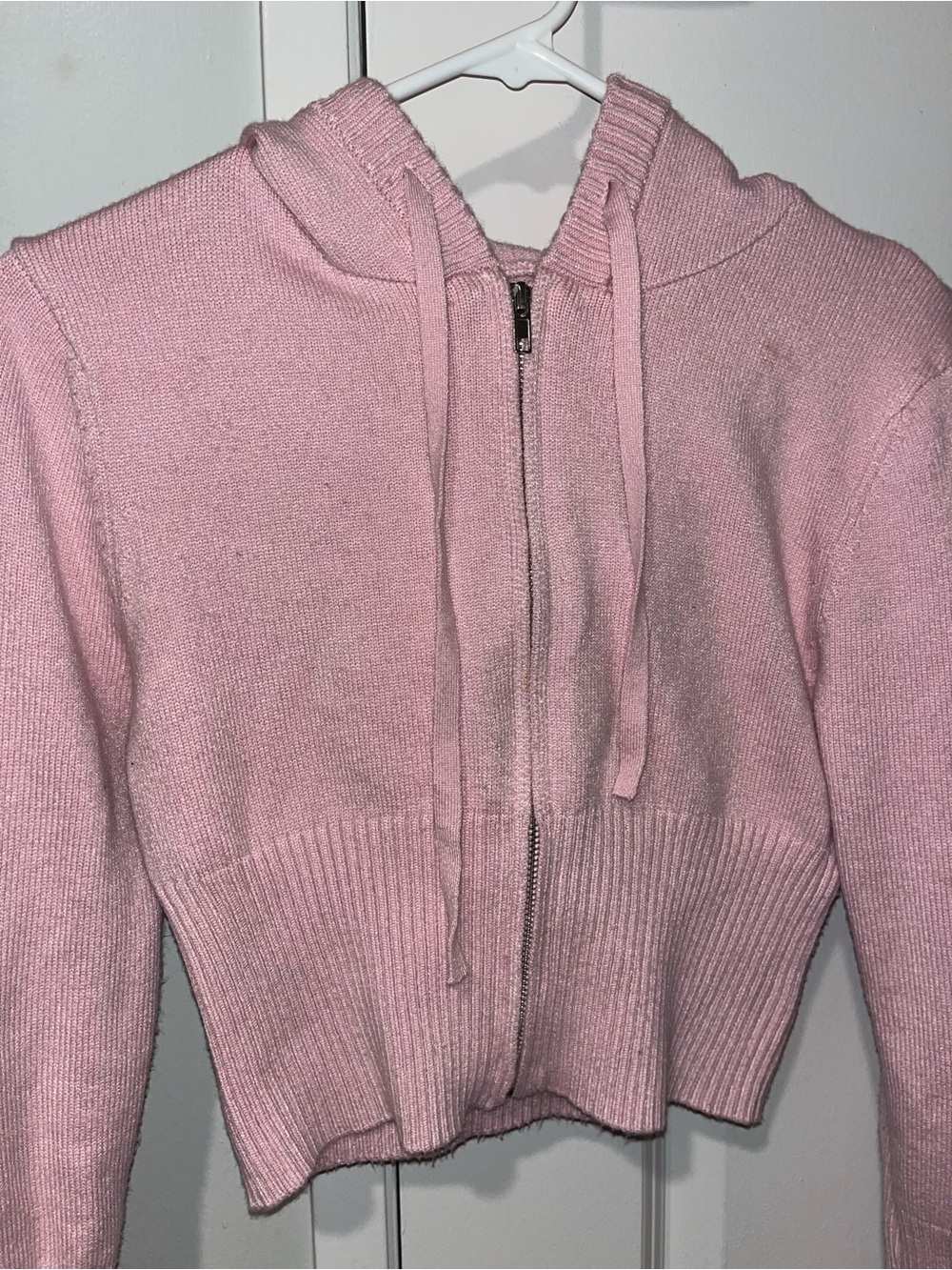 Cropped Pink Zip Hoodie Knit Top